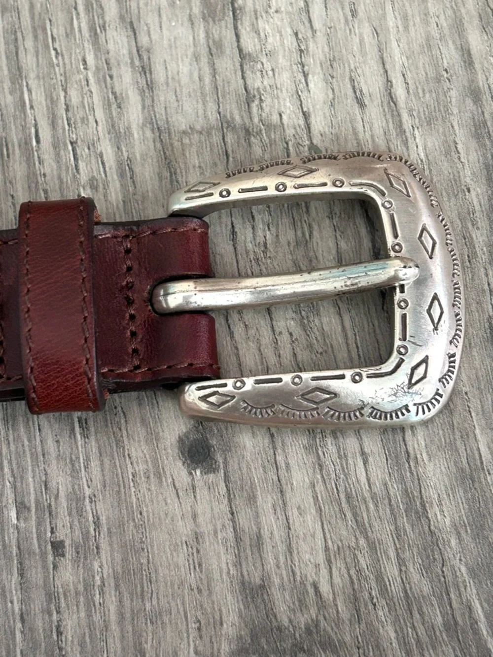 Fossil Brown Leather Belt Etched Silver Buckle & Accents